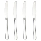Four silver stainless steel knives in a row, sleek design, uniform style.