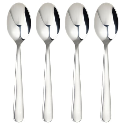 Four polished, stainless steel MARTORP tea spoons, laid in a row.