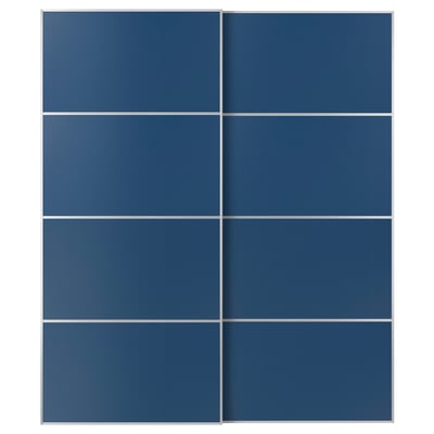 Blue sliding closet doors with aluminum & fiberboard, sleek design, soft-close.