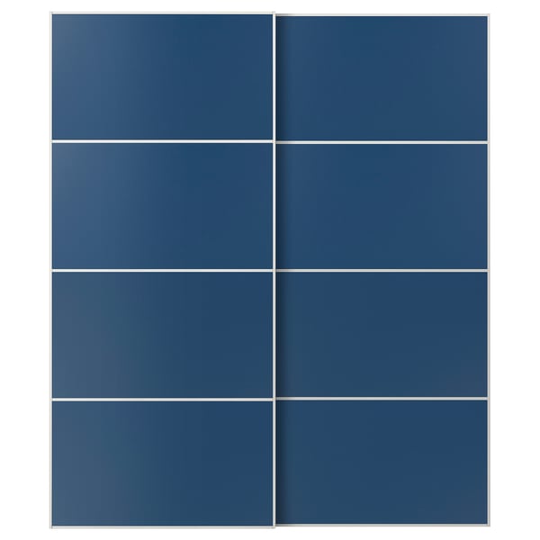 MEHAMN blue sliding glass doors. The rectangle-shaped doors have a minimalist design with a glass panel in a sturdy aluminum frame.