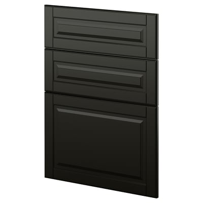 Black kitchen cabinet, modern, flat panel design, three drawers and one door with beveled edges.