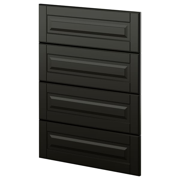 Black modern kitchen cabinets with beveled edges and vertical lines.