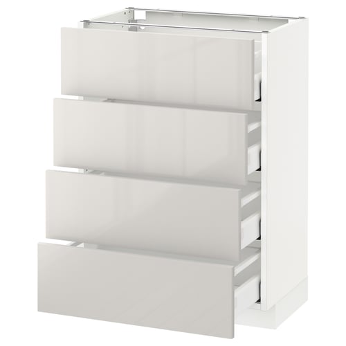 A white ikea METOD kitchen cabinet with four pull-out drawers. It has a glossy finish and a sleek design, ideal for modern kitchens.