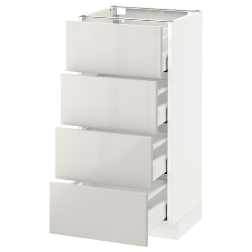 Modern kitchen cabinet with four drawers, glossy finish, self-closing.
