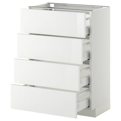 A white METOD kitchen cabinet with four pull-out drawers. The sleek design offers a modern, high-gloss finish.