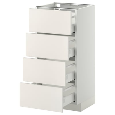 A white ikea METOD kitchen cabinet with four fully extendable drawers. The sleek design offers a modern, light atmosphere, ideal for kitchen storage.
