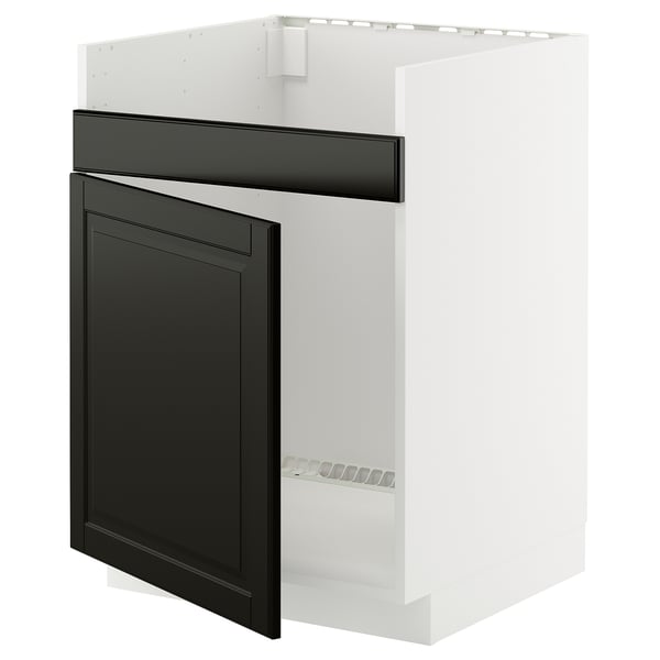 Modern kitchen cabinet with dark gray door and white exterior. Includes a shelf inside.