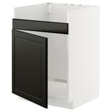 Modern kitchen cabinet with dark gray door and white exterior. Includes a shelf inside.