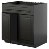 Black kitchen cabinet with two doors and a drawer. Modern design for sleek, sophisticated look.