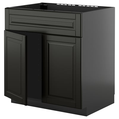 Black kitchen cabinet with two doors and a drawer. Modern design for sleek, sophisticated look.