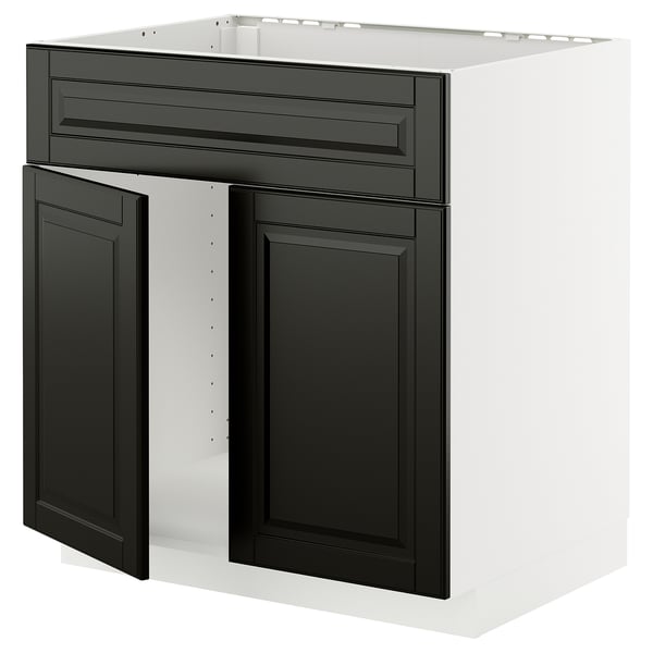 Modern black and white METOD kitchen cabinet with sleek, beveled edges.
