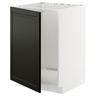A METOD kitchen cabinet with a black bodbyn door, featuring a beveled edge design. The cabinet is white and has a rectangular shape.
