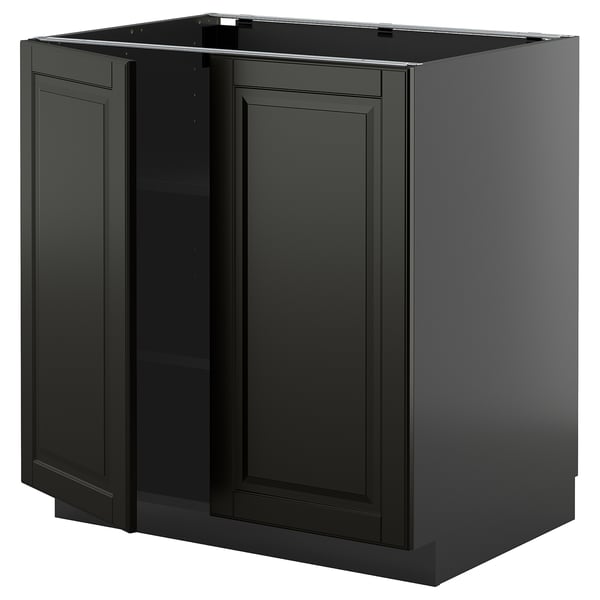 Black METOD kitchen cabinet with bodbyn design, sleek in dark shade, featuring beveled edges and adjustable shelving.