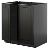 Black METOD kitchen cabinet with bodbyn design, sleek in dark shade, featuring beveled edges and adjustable shelving.