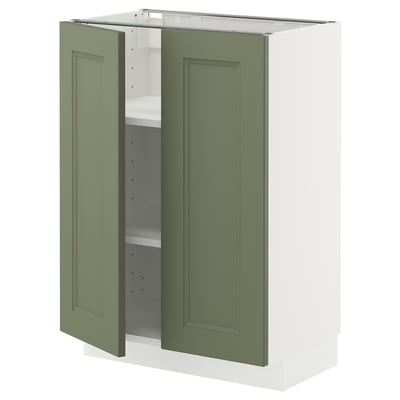 METOD kitchen cabinet in gray-green with white frame, adjustable shelves.