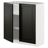 Black METOD kitchen cabinet with two open doors, white interior, adjustable shelves.