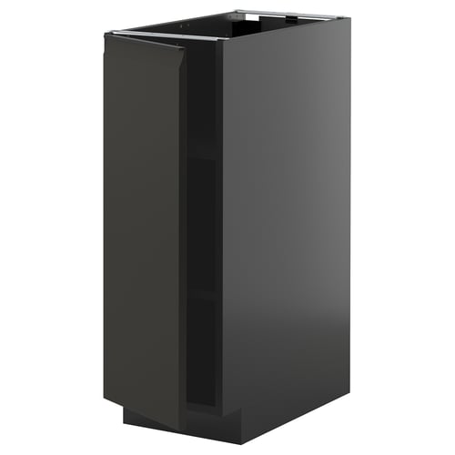 Modern black kitchen cabinet, sleek matte finish. Adjustable shelves, minimalist handle-free design.