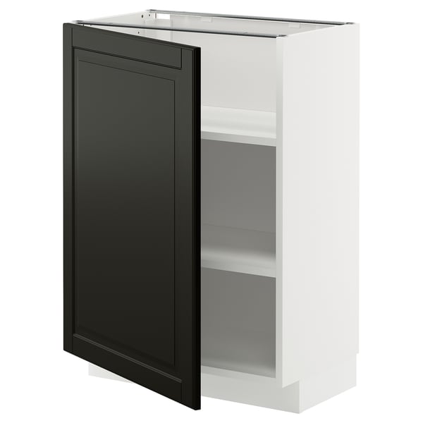 METOD kitchen cabinet with black bodbyn door and white frame, three shelves, modern design.