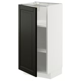 METOD kitchen cabinet in white with black door, rectangular shape. Modern design with a sleek finish. Adjustable shelves.