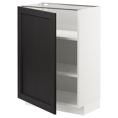 An open METOD kitchen cabinet with a black-stained lerhyttan door. The cabinet has a white frame and inside shelves.