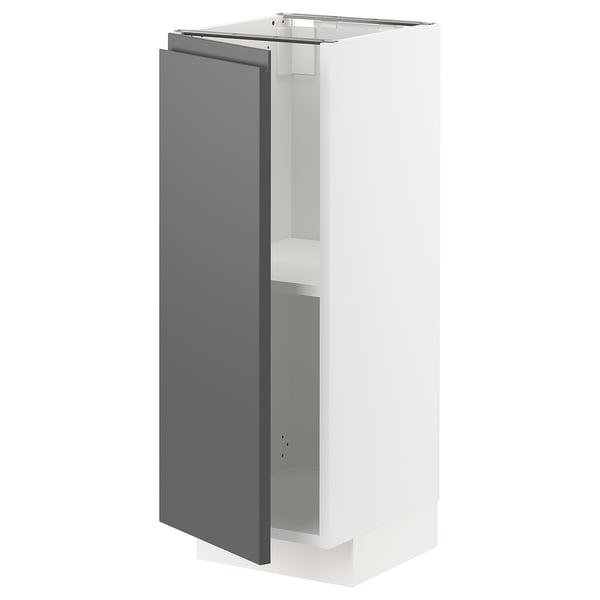 Modern dark grey ikea METOD kitchen cabinet with white interior and adjustable shelves.
