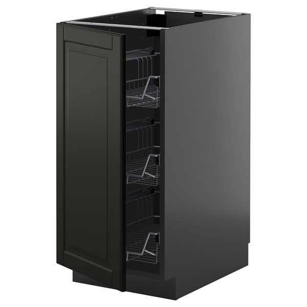 Modern METOD kitchen unit in black with beveled edges and wire shelves.