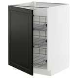 White METOD kitchen cabinet with black beveled door, chrome wire racks.