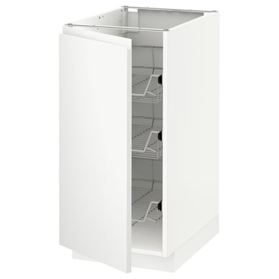 A white METOD kitchen cabinet with three wire shelves and a hinged door.