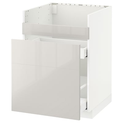 A white METOD kitchen cabinet with high-gloss finish, modern design, and smooth drawer.