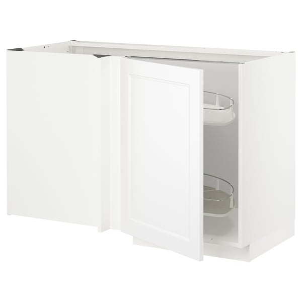 White METOD corner kitchen cabinet with pull-out shelves. Sleek, modern design for efficient storage.