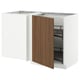 A modern white corner kitchen cabinet unit with a single walnut-colored door and built-in shelves.