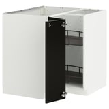 A METOD kitchen cabinet in white with a black door. It has a square shape with a pull-out shelf.