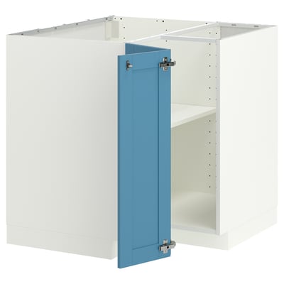 METOD Corner base cabinet with shelf, white/Lerhyttan blue, 88x88 cm