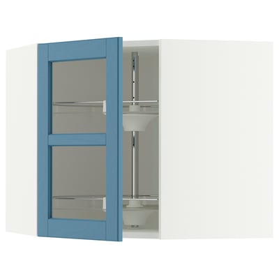 METOD Corner wall cab w carousel/glass dr, white/Lerhyttan blue, 68x60 cm