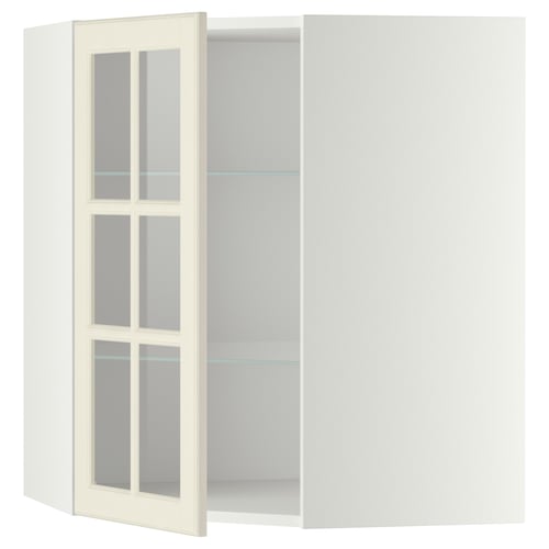A white kitchen cabinet with glass doors. It a frosted glass section and adjustable shelves.