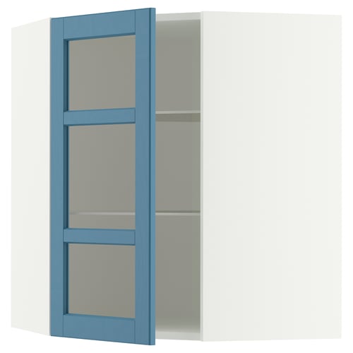 METOD Corner wall cab w shelves/glass dr, white/Lerhyttan blue, 68x80 cm