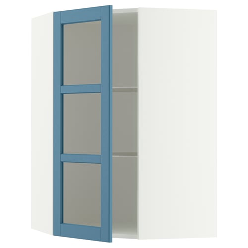 METOD Corner wall cab w shelves/glass dr, white/Lerhyttan blue, 68x100 cm