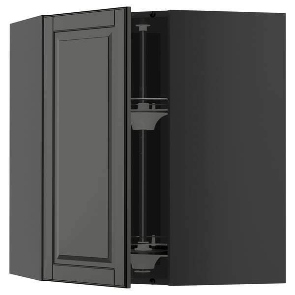 Open black kitchen cabinet showing shelves and hinges.