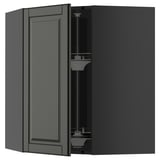 Open black kitchen cabinet showing shelves and hinges.
