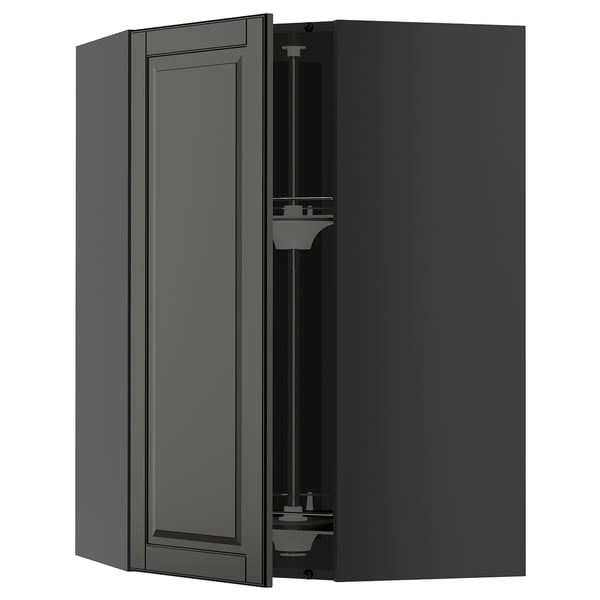 METOD kitchen unit with black angled cabinet, open door.