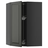 METOD kitchen unit with black angled cabinet, open door.