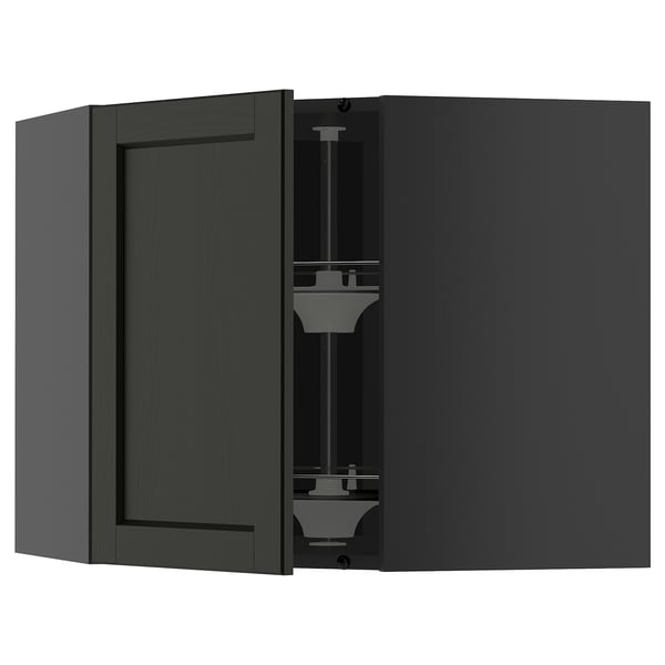 Black stained kitchen cabinet with adjustable shelves and beveled edges.