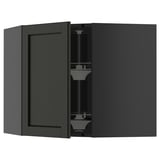 Black stained kitchen cabinet with adjustable shelves and beveled edges.