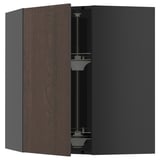 Modern wall cabinet with dark brown wood finish, metallic hinges, and adjustable internal shelf.