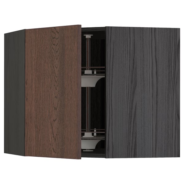 An open dark wood METOD corner kitchen cabinet with glass shelves.