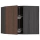 An open dark wood METOD corner kitchen cabinet with glass shelves.