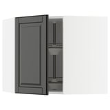 A gray ikea METOD kitchen cabinet with a black beveled edge door and an adjustable glass shelf.