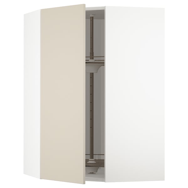 METOD kitchen cabinet in beige with glass shelf, modern design.