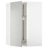Modern white l-shaped kitchen unit with open cabinet showing glass shelves.