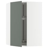 Set of modern grey-green kitchen cabinets with metallic hardware, featuring sleek design and adjustable shelves.